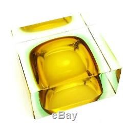Vintage Murano Amber, Green and Clear Sommerso Glass Small Square Block Bowl
