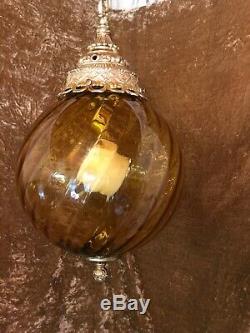 Vintage Murano Amber Swirled Glass Ball Swag Light Lamp 10 w /Cord & Chain