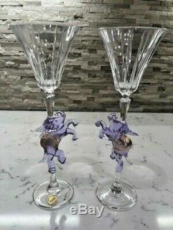 Vintage Murano Amethyst & Gold Color Elephant Flute Goblets (Pair) Hand Blown