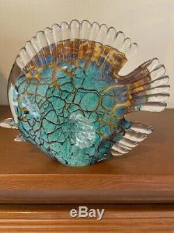 Vintage Murano Angel Fish Glass Teal Gold Turquoise Shimmer Paperweight MINT