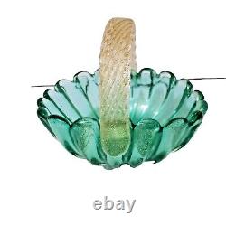 Vintage Murano Archimede Seguso Studio Glass Green Gold Rib Basket Bowl LABEL