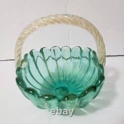 Vintage Murano Archimede Seguso Studio Glass Green Gold Rib Basket Bowl LABEL