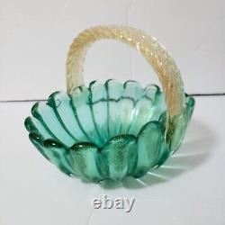 Vintage Murano Archimede Seguso Studio Glass Green Gold Rib Basket Bowl LABEL