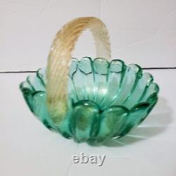 Vintage Murano Archimede Seguso Studio Glass Green Gold Rib Basket Bowl LABEL