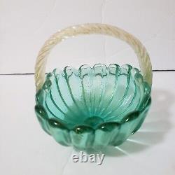 Vintage Murano Archimede Seguso Studio Glass Green Gold Rib Basket Bowl LABEL