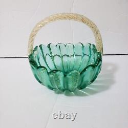 Vintage Murano Archimede Seguso Studio Glass Green Gold Rib Basket Bowl LABEL