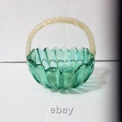 Vintage Murano Archimede Seguso Studio Glass Green Gold Rib Basket Bowl LABEL