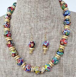 Vintage Murano Art Gallery Millefiori Glass Necklace Earrings Matte Gold RARE