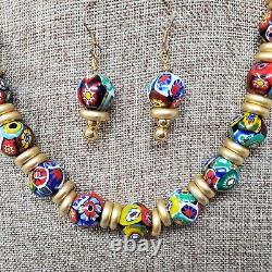 Vintage Murano Art Gallery Millefiori Glass Necklace Earrings Matte Gold RARE