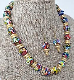 Vintage Murano Art Gallery Millefiori Glass Necklace Earrings Matte Gold RARE