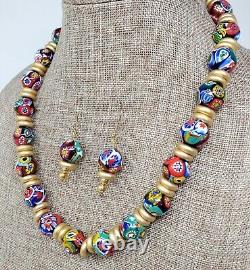 Vintage Murano Art Gallery Millefiori Glass Necklace Earrings Matte Gold RARE