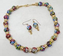 Vintage Murano Art Gallery Millefiori Glass Necklace Earrings Matte Gold RARE