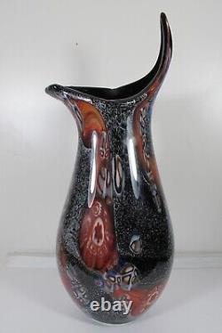 Vintage Murano Art Glass Alfredo Barbini Black Vase Millefiori