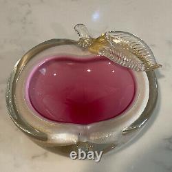 Vintage Murano Art Glass Alfredo Barbini Pink Apple Bowl Dish Gold Dust Fleck