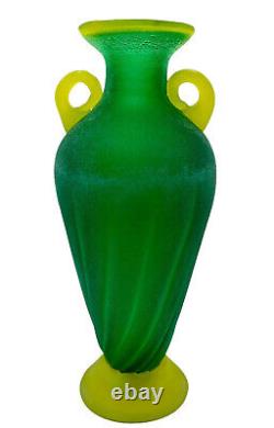 Vintage Murano Art Glass Amphora Vase Scavo Green yellow Roman Style 11.5