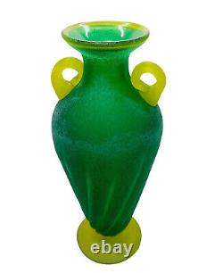 Vintage Murano Art Glass Amphora Vase Scavo Green yellow Roman Style 11.5