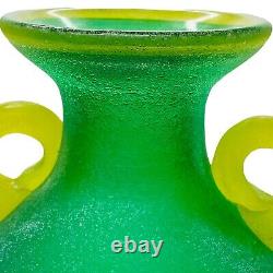 Vintage Murano Art Glass Amphora Vase Scavo Green yellow Roman Style 11.5