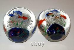 Vintage Murano Art Glass Aquarium Six Fish with Coral & Seaweed Set of Two