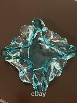 Vintage Murano Art Glass Ashtray Bowl Teal Aqua Italy