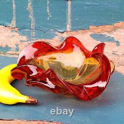 Vintage Murano Art Glass Barovier Toso Citrine and Red Ruffled Bowl