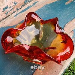 Vintage Murano Art Glass Barovier Toso Citrine and Red Ruffled Bowl