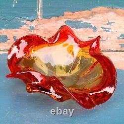 Vintage Murano Art Glass Barovier Toso Citrine and Red Ruffled Bowl