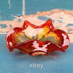 Vintage Murano Art Glass Barovier Toso Citrine and Red Ruffled Bowl