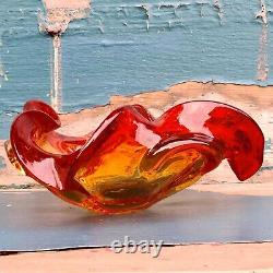 Vintage Murano Art Glass Barovier Toso Citrine and Red Ruffled Bowl