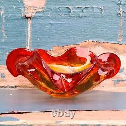 Vintage Murano Art Glass Barovier Toso Citrine and Red Ruffled Bowl