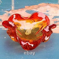 Vintage Murano Art Glass Barovier Toso Citrine and Red Ruffled Bowl