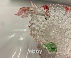 Vintage Murano Art Glass Basket with Birds c. 1950-1960