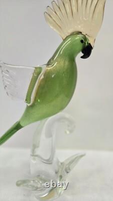 Vintage Murano Art Glass Bird Parrot Tall 14 Green Gold Flecks Statue