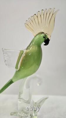 Vintage Murano Art Glass Bird Parrot Tall 14 Green Gold Flecks Statue