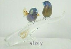 Vintage Murano Art Glass Blue Birds Clear Branch Blue Gold Hand Blown Sculpture