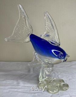 Vintage Murano Art Glass Blue & Clear Fish Sculpture Figurine