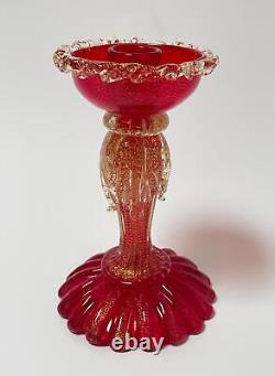 Vintage Murano Art Glass Candlestick With Label Ruby Red Gold Aventurine Italian