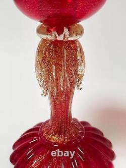 Vintage Murano Art Glass Candlestick With Label Ruby Red Gold Aventurine Italian