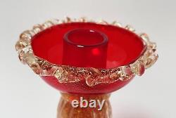 Vintage Murano Art Glass Candlestick With Label Ruby Red Gold Aventurine Italian