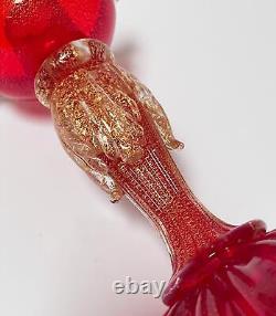 Vintage Murano Art Glass Candlestick With Label Ruby Red Gold Aventurine Italian