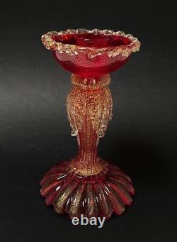 Vintage Murano Art Glass Candlestick With Label Ruby Red Gold Aventurine Italian