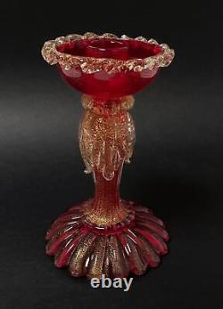 Vintage Murano Art Glass Candlestick With Label Ruby Red Gold Aventurine Italian