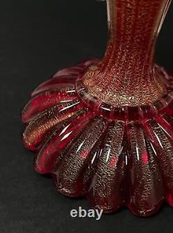 Vintage Murano Art Glass Candlestick With Label Ruby Red Gold Aventurine Italian