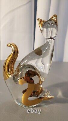 Vintage Murano Art Glass Cat Figurine Gold Overlay Hand Blown 6 1/2 Tall