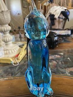 Vintage Murano Art Glass Cat With Aqua Blue & Black Tail large 10inch
