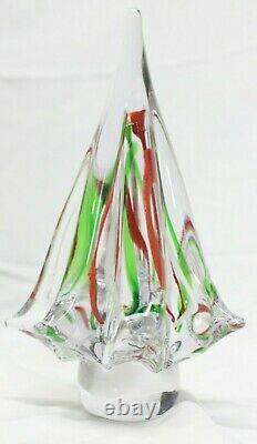 Vintage Murano Art Glass Christmas Tree Red White Green Swirls 7 1/2 Mid Cen