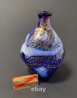 Vintage Murano Art Glass Cobalt Blue & Gold Bud Vase Vetro Artistico Veneziana