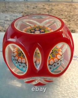 Vintage Murano Art Glass Double Overlay Faceted Millefiori Paperweight Fancy Cut