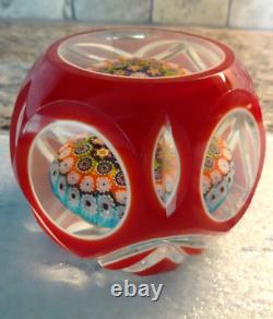 Vintage Murano Art Glass Double Overlay Faceted Millefiori Paperweight Fancy Cut