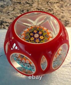 Vintage Murano Art Glass Double Overlay Faceted Millefiori Paperweight Fancy Cut