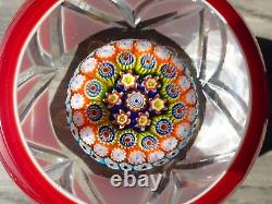 Vintage Murano Art Glass Double Overlay Faceted Millefiori Paperweight Fancy Cut